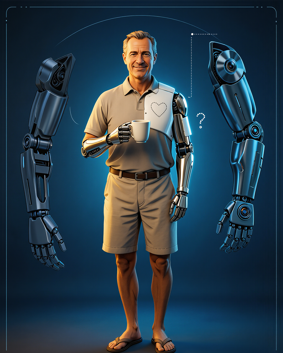Photo-realistic cutaway figure: a warm, smiling British dad holding a mug of tea in a chromed robotic hand, machine arms fitted, two spare robotic arms shown exploded either side, and a small dotted heart outline with a question mark over his heart.